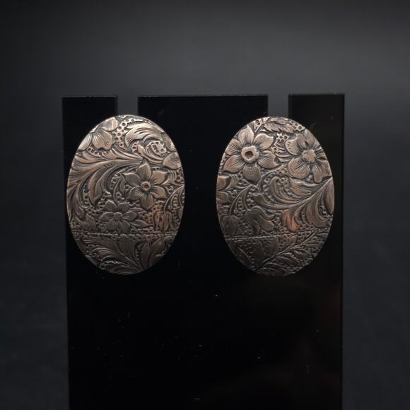 Sterling Silver Floral Flower Oval Earrings Studs Pierced Post Art Nouveau - Picture 1 of 9